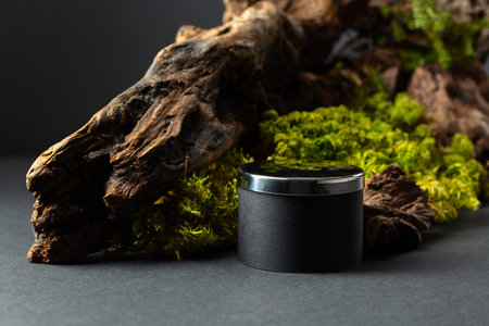 Abstract nature scene with a composition of lichen, moss, and snags. Place your product on a podium. Platform for showing your products. Copy space.の写真素材