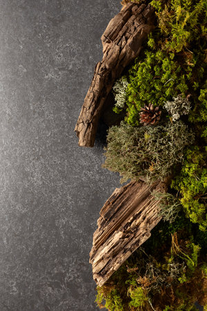 Abstract north nature scene with a composition of lichen, moss, and old snags on a stone background. Top view. Copy space.の写真素材