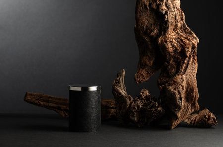 Black empty podium and wooden, textured, dried snag on a black background. Exhibition stand for cosmetics, product, item.の写真素材