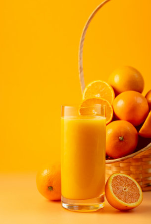 Glass of orange juice with fresh fruits in basket on an orange background. Copy space.の写真素材