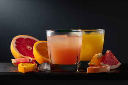 Glasses of grapefruit and orange juice with ice on a black background. Refreshing drinks with fruit slices.の写真素材