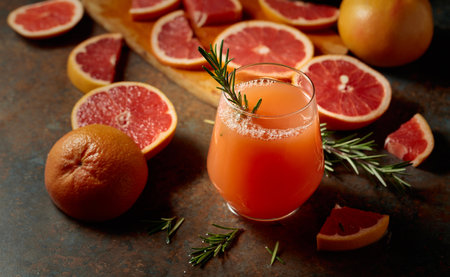 A glass of grapefruit juice garnished with a rosemary sprig. On a rustic background, there is a glass, grapefruit slices, and rosemary sprigs.の写真素材