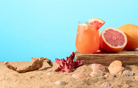 Grapefruit cocktail with ice on an old wooden board. Refreshing drink on a beach background. Copy space.の写真素材