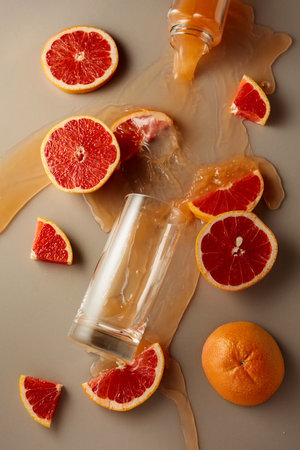 Grapefruit juice is poured into a glass. On a beige background, there is a glass, grapefruit slices, and drops of juice.の写真素材