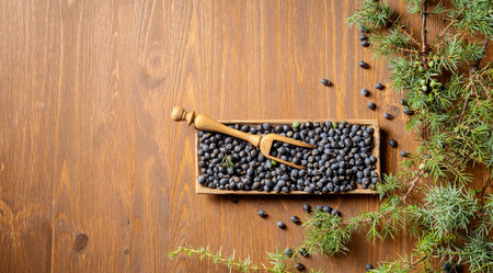 Juniper branches and berries on a wooden background. Top view with copy space.の写真素材