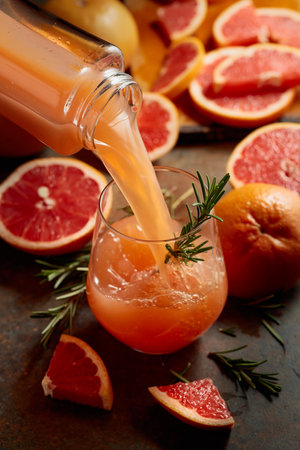 Grapefruit juice is poured from a bottle into a glass.の写真素材