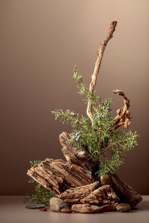 Abstract nature scene with a composition of juniper and dry snags. Neutral beige background. Natural pastel colors. Copy space, front view.の写真素材