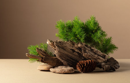 Abstract nature scene with a composition of spruce branches, stones, and dry snags. Beige background. Copy space.の写真素材