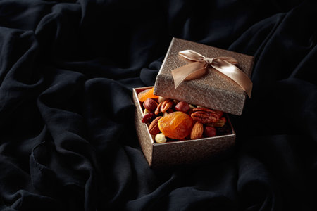Dried fruits and nuts in a gift box on a black cloth.の写真素材
