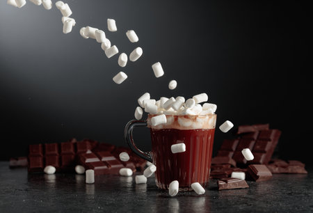Hot chocolate with mini marshmallow in a glass mug. On a background bitter broken chocolate bar.の写真素材