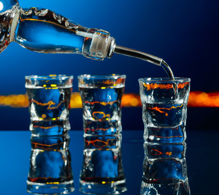 Vodka is poured into a shot glass. Black reflective background with copy space.の写真素材