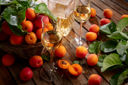 Apricot liqueur or grappa and fresh apricots on an old wooden table.の写真素材
