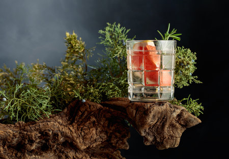 Refreshing drink with ice, grapefruit, and rosemary on an old snag. In the background, juniper branches with berries.の写真素材