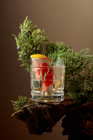 Refreshing drink with ice, grapefruit, and rosemary on an old snag. In the background, juniper branches with berries.の写真素材