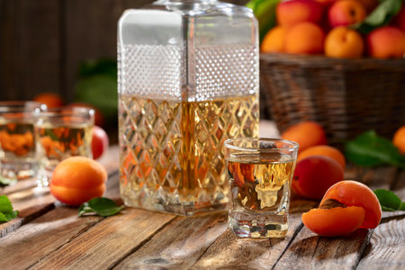 Apricot liqueur or grappa and fresh apricots on an old wooden table.の写真素材