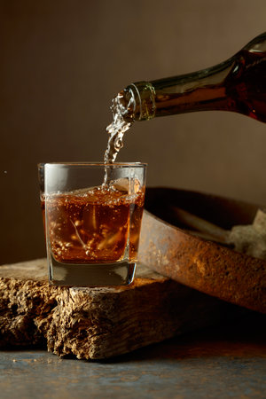 Whiskey is poured from a bottle into a glass with natural ice. Rough rusty background.の写真素材