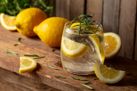 Seltzer with ice, rosemary and lemon slices on an old wooden table. Fresh healthy cold lemon beverage. Water with ice and lemon.の写真素材