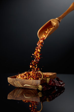 Dry red chilli peppers and crushed chilli flakes on a black reflective background. The flakes are poured into a wooden bowl.の写真素材