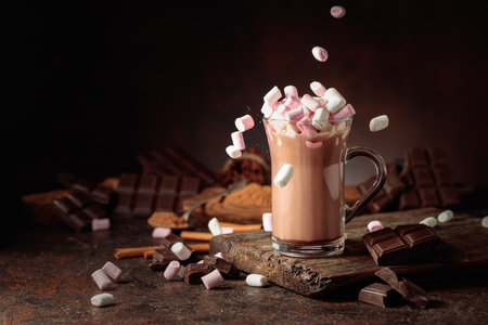 Marshmallows are poured into a mug of hot chocolate drink. A mug of hot chocolate with broken dark chocolate bars and cocoa powder. Copy space.の写真素材