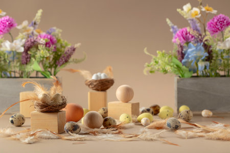 Easter composition with eggs, delicate feathers, and spring flowers on a beige background. Lightness and freshness of spring. Free space for text or logo.の写真素材