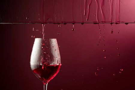 Red wine flows down into a glass. Dark red background with copy space.の写真素材