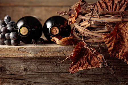 Bottles of red wine with grapes and dried vine on an old wooden table. Copy space.の写真素材