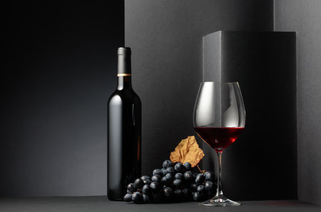 Red wine and blue grapes with dried up vine leaves on a black background. Copy space.の写真素材
