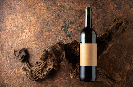 Bottle of red wine and old weathered snags on a brown vintage background. Copy space.の写真素材
