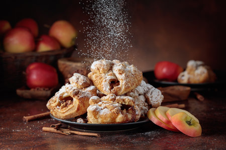 Homemade mini apple strudels with apples and cinnamon. Fresh baked goods sprinkled with powdered sugar. Viennese pastry.の写真素材