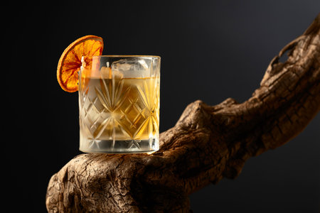 Old fashioned cocktail with ice and dried orange slice on an old wooden snag. Black background with copy space.の写真素材