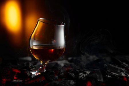 Snifter of brandy on a burning charcoal. Concept of hard alcoholic drinks. Copy space.の写真素材