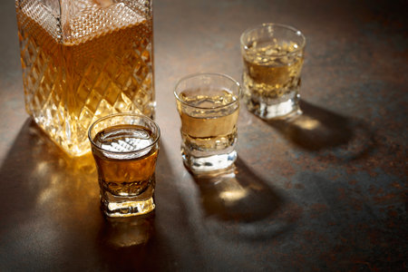 Decanter and small glasses of whiskey. Selective focus, long and beautiful shadows on a vintage background. Copy space.の写真素材