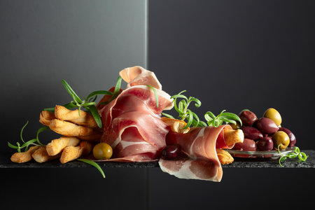 Prosciutto with bread sticks, olives, and rosemary on a black background. Traditional Italian snacks.の写真素材