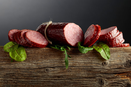Sliced salami with greens on an old wooden board.の写真素材