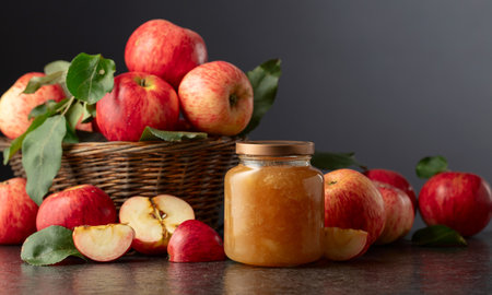 Apple jam and red fresh apples on a black stone table. Copy space.の写真素材