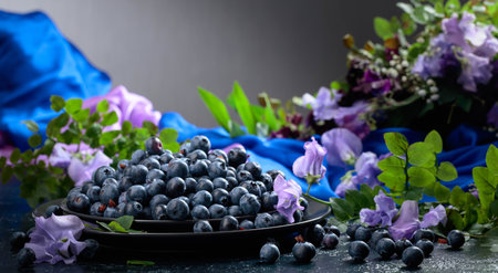 Fresh blueberries on a black plate. Summer still life with blueberries, colored sweet peas and meadow grasses on a dark blue background.の写真素材