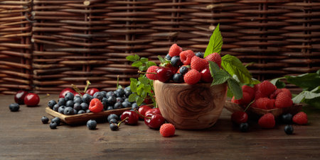 Berries closeup colorful assorted mix of strawberry, blueberry, raspberry and sweet cherry on a old wooden table in garden. Various juicy berries with leaves.の写真素材