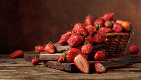 Fresh juicy strawberries on an old wooden table. Copy space.の写真素材
