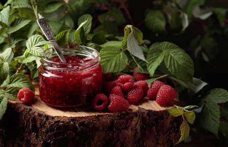 Jar of raspberry jam and fresh berries with leaves on a pine stump in the forest.の写真素材