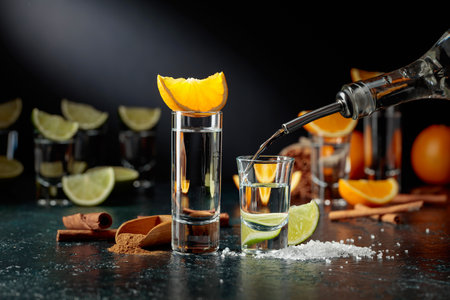 Tequila is poured into a glass. Tequila with lime and salt, and tequila with orange and cinnamon.の写真素材