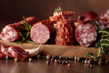 Sliced dry cured sausages with peppercorns, thyme, rosemary, and garlic on a brown background.の写真素材