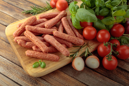 Sausages with basil and tomatoes on a wooden cutting board.の写真素材
