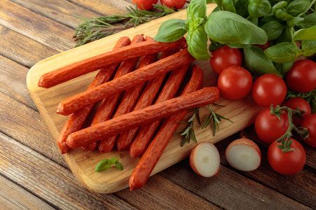 Kabanos sausages with basil and tomatoes on a wooden cutting board.の写真素材