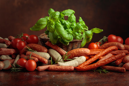 Various sausages with basil, onion, rosemary, and tomatoes on a brown background. Copy space.の写真素材