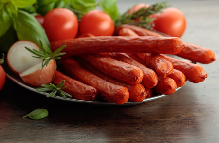 Kabanos sausages with basil and tomatoes on an old wooden table.の写真素材