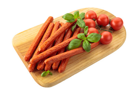 Kabanos sausages with basil and tomatoes on a wooden cutting board. Isolated on a white background.の写真素材