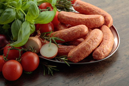 Sausages with basil and tomatoes on an old wooden table.の写真素材