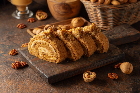 Walnut and buttercream roll: a traditional Oriental pastry. Dessert with walnuts on a brown background. Cake with brown sugar, walnuts, and cream.の写真素材