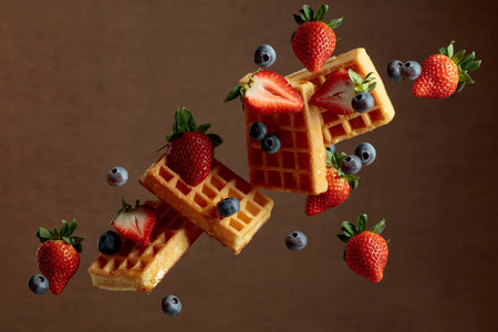 Waffles with blueberries and strawberries. Food levitation. Copy space.の写真素材