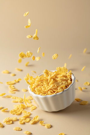 Dry honey cornflakes in a ceramic plate. The concept of healthy eating, vegetarian and vegan food for breakfast.の写真素材